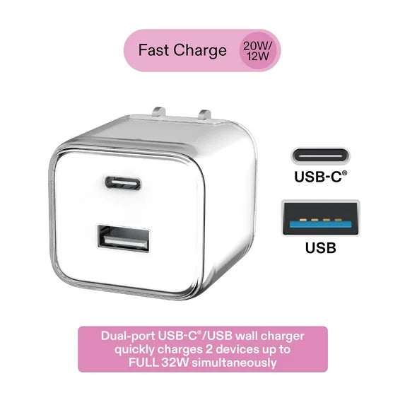 Dual Port Wall Charger Adapter - USB-A and USB-C Fast Charging Block