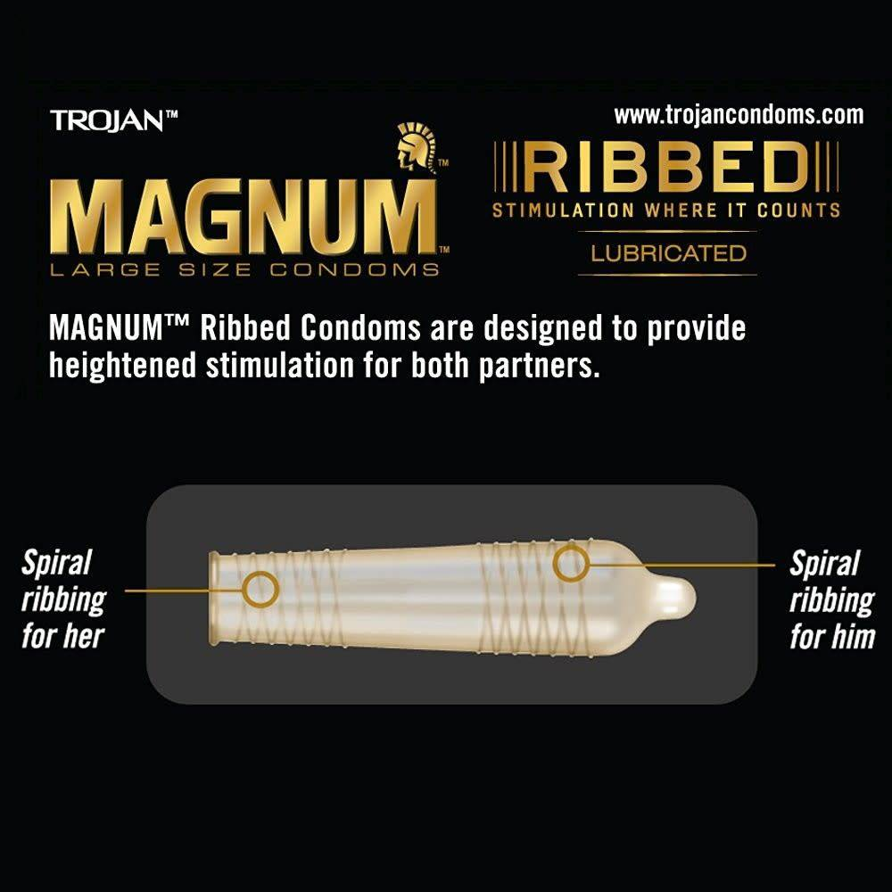 Trojan Magnum Ribbed Large Size Condoms (3 Count Pack)