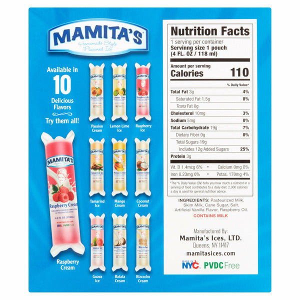 Mamita's Raspberry Cream Ice Bar (Frozen Dessert) 4 oz